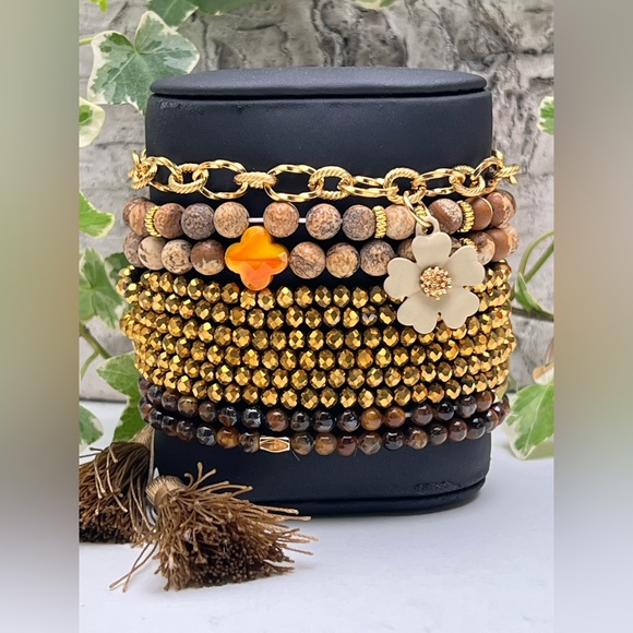 Boho Chic Brown & Gold Stacked Bracelet Set - Stylish Flirty Bracelets Set - Picture 4 of 16